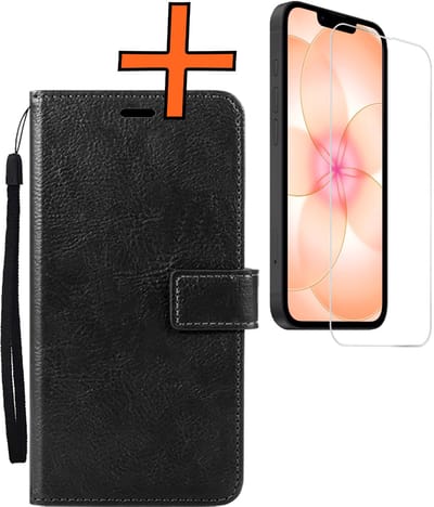 Hoes - Met Screenprotector - Geschikt voor Apple iPhone 17e - Luxe Pasjeshouder - Bookcase Portemonee - Flip Case - Kunstleer Book Case - Flipcase - Book Cover - Walletcase - PortemonneeHoes - Zwart