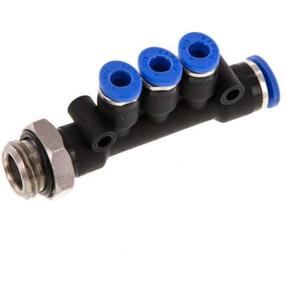 4mm x 6mm x G1/4'' 3-way Manifold Messing/PA 66 Insteekfitting Buitendraad Draaibaar NBR
