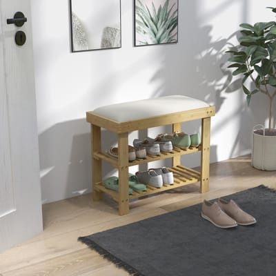 MODFU - Schoenenbank - Met Zitkussen En 2 Open Vakken - Natuurlijk - Voor Hal - Bamboe - Crèmewit - 60 X 29 X 49 Cm
