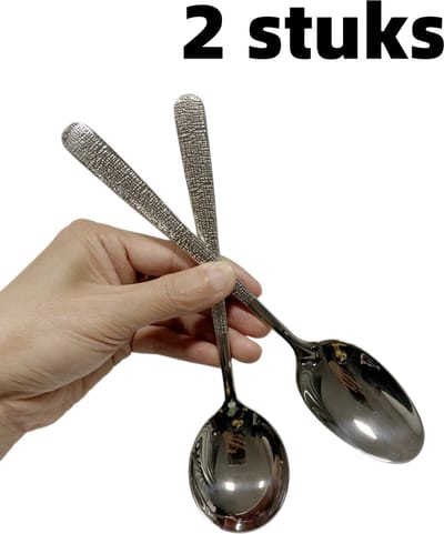 2-delige set - Lepel - Soeplepel - Gehamerd roestvrij staal - Ronde lepel met lange steel - Huishoudlepel - Zilver