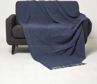 Homescapes Kashi sprei blauw 225 x 255 cm - katoenen deken met franjes