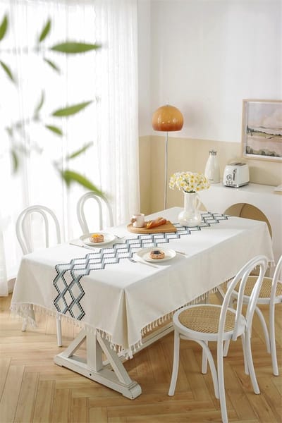 Keuken tafelkleed - Tafel lakens - Eettafel decoratie - Gevouwen rand design - 375 x 134 cm - Wit Blauw