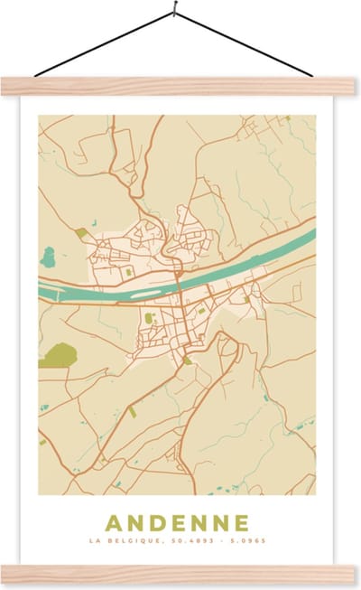 Posterhanger incl. Poster 40x60 cm - Schoolplaat - België - Kaart - Andenne - Stadskaart - Plattegrond - Textielposter - Blanke latten - Stadskaart