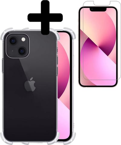 Hoesje - Met Screenprotector - Geschikt voor Apple iPhone 13 Mini - Sterk & Shockproof - Siliconen Case - Back Cover - Telefoon Hoes - Shock Proof - Telefoonhoesjes - Transparant