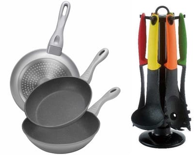 Cheffinger Koekenpannen - Set van 3 - Incl. Keukengerei Set - 7-delig - Zilver