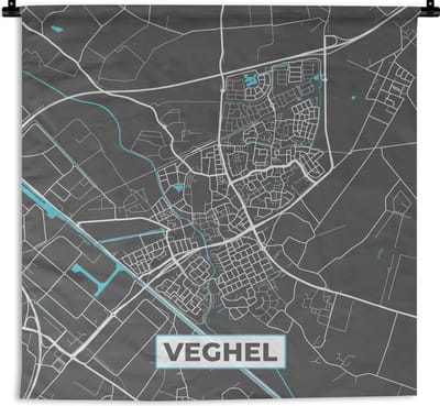 Wandkleed - Wanddoek - Plattegrond - Veghel - Grijs - Blauw - 60x60 cm - Wandtapijt - Stadskaart