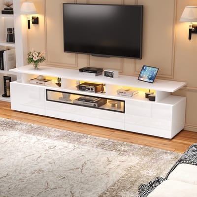 TV-Meubel - 180 x 38 x 45 cm - Hoogglans Lowboard met LED, 2 Deuren en 1 Lade - MDF - Wit