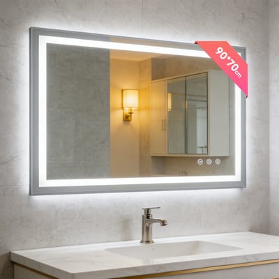 KUTAS® Badkamerspiegel met LED Verlichting & Verwarming – Rechthoekige Wandspiegel – Anti Condens Douchespiegel - Dimbaar - 3000K/4500K/6500K - 90x70cm