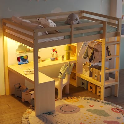 Hoogslaper Met Opbergruimte, Hoogslaper Met Bureau, Hoogslaper 140x200 Met Multifunctionele Planken, Bureau Onder Het Bed, Ledverlichting En USB-Aansluiting, Tienerhoogslaper - Kinderhoogslaper-Natuurlijk