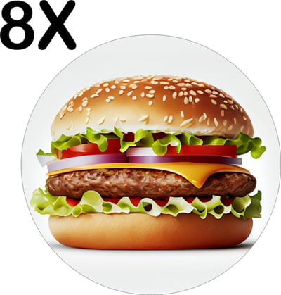 Luxe Ronde Placemat - Perfecte Hamburger op Lichte Achtergrond - Set van 8 Placemats - 50x50 cm - 2 mm dik Vinyl - Anti Slip - Afneembaar