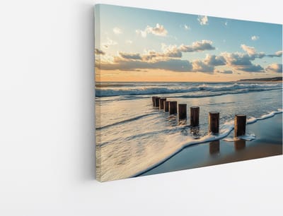 Saammp Canvas Schilderij - Strand en zee - Hout - Natuur - Landschap - 45x30 - Foto op canvas - Wanddecoratie - Muurdecoratie Woonkamer - Slaapkamer decoratie - Canvas Print
