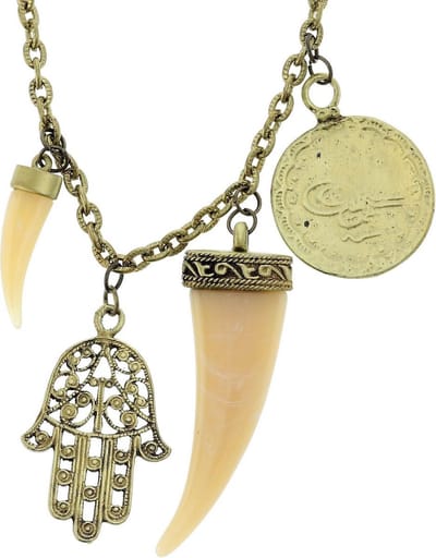 Behave - Goudkleurige Ketting - Tand Hangers, Munt & Hamsa Hand - 45 cm