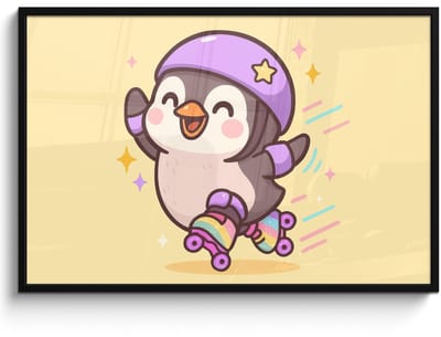 Poster in lijst - Fotolijst 120x80 cm - Posters - Pinguïn - Rolschaatsen - Geel - Energiek - Posterlijst zwart - Decoratie - Wanddecoratie woonkamer - Muurdecoratie slaapkamer