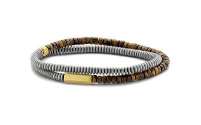 Frank 1967 7FB-0497 Heren Armband - Wrap - Kralen - Tijgeroog - Hematite - Stalen Elementen - 21 cm - Bruin - Goudkleurig