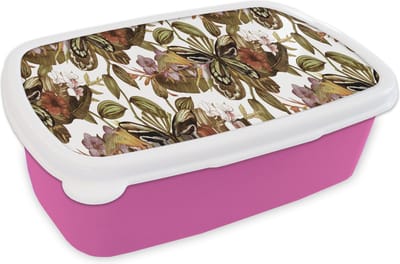 Broodtrommel Roze - Lunchbox - Brooddoos - Vlinder - Bloemen - Vintage - Patronen - 18x12x6 cm - Kinderen - Meisje