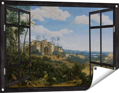 Gards Tuinposter Doorkijk Gezicht op Olinda, Brazilië - Frans Jansz. Post - 90x60 cm - Tuindoek - Tuindecoratie - Wanddecoratie buiten - Tuinschilderij