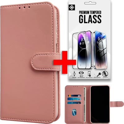 Casemania Hoesje en Glas Geschikt voor Samsung Galaxy A35 - Roze + Tempered Glazen Screenprotector - Portemonnee Book Case - Pasjeshouder en Magneetlipje
