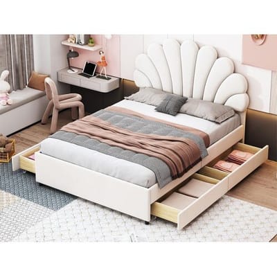 ModernLuxe Fluweel gestoffeerd tweepersoonsbed met 4 lades - 140x200cm - bloemvormig hoofdeinde - met lattenbodem - Beige
