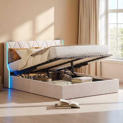 Tweepersoonsbed 160x200 cm met LED-verlichting, Hydraulisch opbergbed met lattenbodem en opbergruimte, fluweel