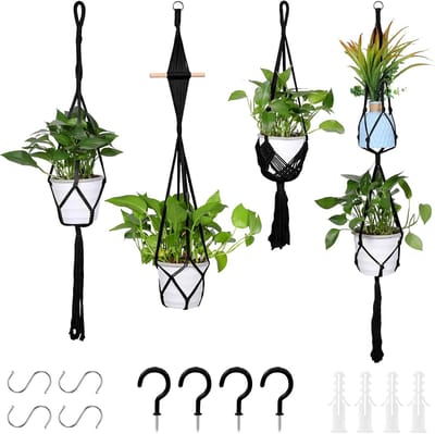 Macrame Plantenhangers - Bloempothouders Hangmandjes - Planten Decoreren - Handgeweven Katoen - Set van 4 - Zwart