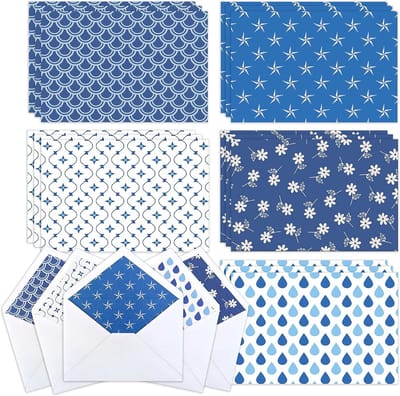 Wenskaarten Set - Notitiekaarten Blanco - Alle Gelegenheden - Blauw Patroon Design - 10 x 15 cm - Blauw