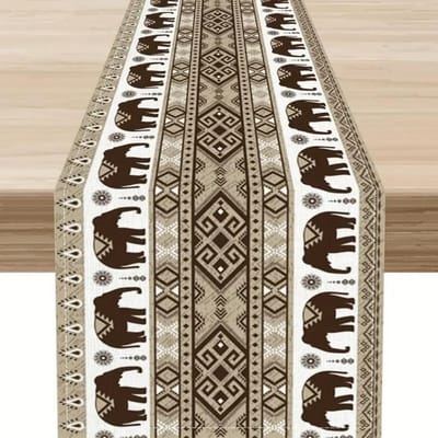 Boheemse Olifant en Azteeks Tribaal Patroon Tafelkleed, Geschikt voor Huis Keuken Eetkamer, Terras, Feestdagen en Binnen 150x33cm