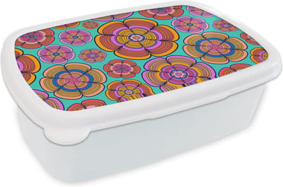 Broodtrommel Wit - Lunchbox Design - Flower Power - Kleuren - Brooddoos 18x12x6 cm - Brood lunch box - Broodtrommels voor kinderen en volwassenen
