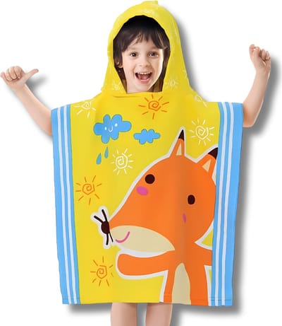 BoefieBoef Kinder Badponcho - Baby Badcape - Microfiber Kleuter Omslagdoek Met Capuchon - Kerst Cadeau - Peuter Strandponcho Voor Kinderen tot 6 jaar - 60x90cm - Vos Geel Zon - jongens - meisje - Peuter - Zomer - Strandlaken - Surfponcho -Dreumes