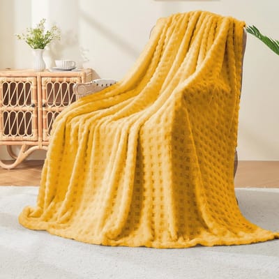 Fleece Deken Pluizig Imitatiebont voor Bed en Bank - Zachte Warme Dikke Deken - Wafelgeel 127 x 178