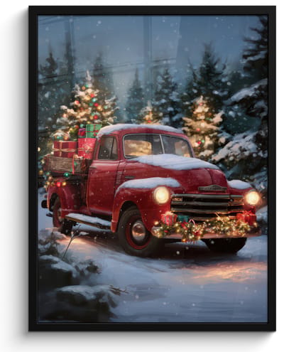Poster in lijst - Fotolijst 60x80 cm - Posters - Kersttruck - Sneeuwbos - Rood - Posterlijst zwart - Decoratie - Wanddecoratie woonkamer - Muurdecoratie slaapkamer - Kerstversiering - Kerstdecoratie voor binnen - Kerstmis