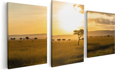 Artaza Canvas Schilderij Drieluik Zonsondergang In De Savanne - 120x60 - Foto Op Canvas - Canvas Print