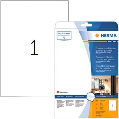 Herma 8020 Folie-etiketten 210 x 297 mm Folie, glanzend Transparant 25 stuk(s) Permanent hechtend Laser (zwart/wit), Kopiëren (zwart/wit), Laser