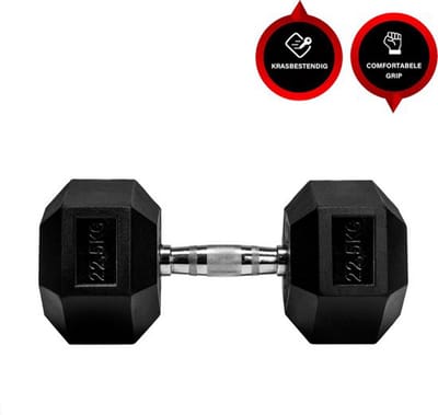 Viper Sports Iron Black Gewicht 22.5 kg – Dumbbells – Anti-slip – Zeshoek design – Hexagon-Design - RVS/Rubber – Zilver/Zwart - 1 Stuks