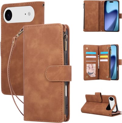 YPCd Wallet Case Pasjeshouder met Rits – Geschikt voor Apple iPhone Air – Luxe Bookcase Hoesje met 6 Pasjesvakken & Polsbandje – Bruin