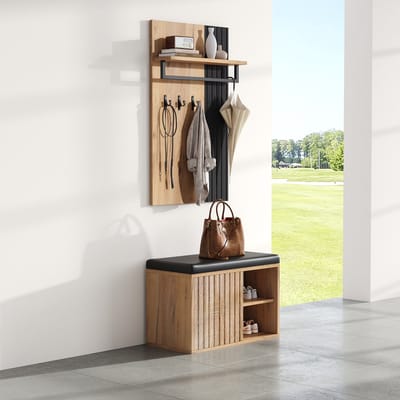 MODENUIT Schoenenbank met Garderobe - 2 Deuren en 3 Haken voor Hal - Spaanplaat - 70x36x146 Cm - Zwart Naturel