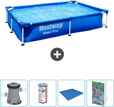 Bestway Rechthoekig Steel Pro Zwembad - 221 x 150 x 43 cm - Blauw - Inclusief Pomp - Filter - Grondzeil - Zwembadgids