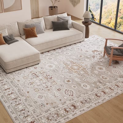TAPISO Trend Tapijt Kortpolig - Vintage Tapijt Hoge Kwaliteit - Elegant Woonkamer Tapijt in Crème Bruin - Bloemen Abstract Frame - Easy-Care Tapijt - OEKO-TEX 120x170
