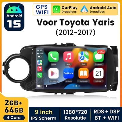 HexinexMarket - Autoradio Geschikt voor Toyota Yaris 2012-2017 - Draadloos CarPlay Android Auto GPS Navi multimediaspeler - 2 GB+64GB