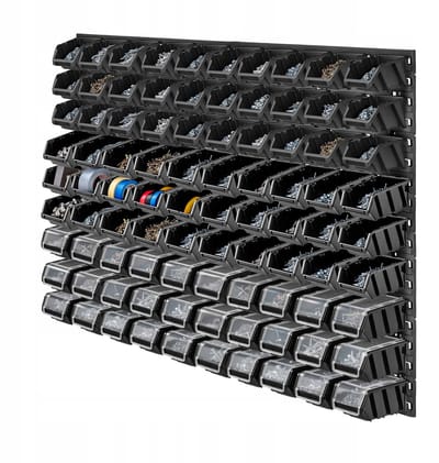 KADAX Werkplaatswandrek, 116 x 78 cm, opslagsysteem van robuust kunststof, uv-bestendig werkplaatsrek, uitbreidbare wandplaten, opbergrek voor garage, zwart, 90 stuks v2