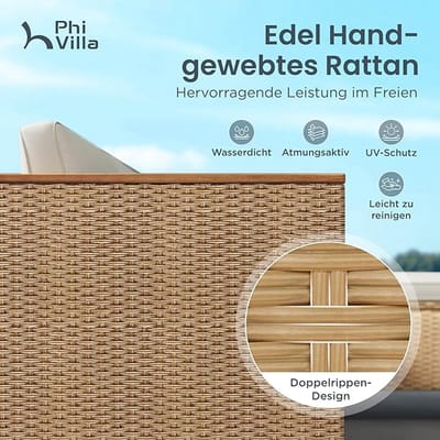Tuinmeubelset 3-delig Rotan Loungeset met Chaise Longue, 2-Zitsbank en Salontafel – 4 Personen Balkon & Tuin Meubels Outdoor 188 x 116 x 62,5 cm – Beige Boho Rustiek Design Weerbestendig Kussens – Nicolehome
