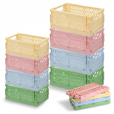 Opbergkratten, kleurrijke mini pastelmelkkratten, schattige stapelbare mand voor klaslokaal, kantoor, badkamer, gemakkelijk te gebruiken (15 x 9,9 x 6 cm, 10 x 6,5