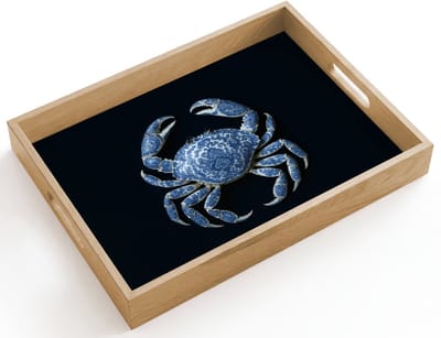 Dienblad hout 40x30 cm - Schootdienblad - Krab - Delfts blauw - Dieren - Borrelplank rechthoek - Plateau dienbladen