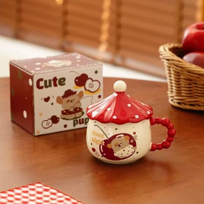 Tasse Mignonne et Mignonne Champignon avec Couvercle Tasse Créative Souvenir Tasse à Eau pour Couple Tasse à Café en Céramique de Haute Valeur 301-400ml brown