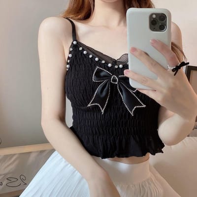 Zomer Kant Strik Hemdje Voor Vrouwen Geplooide Crop Tops Vintage Sexy Dames Elegant Hemdje zwart