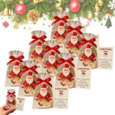 Kleine kerstknuffel in zakje, mini-kerstmanfiguur van hars met cadeauzakje en kerstkaarten, schattig kerstversiering voor vrienden, familie, collega's en leraren, kerstdecoratie en aandenken aan een feestje