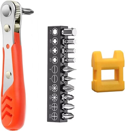 Ratelschroevendraaier - Mini ratelsleutel - Schroeven Aandraaien - Magnetische Bit Houder - 110 mm - Grijs