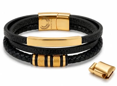 Armband Heren Leer Zwart Goud – Mauro Vinci® Franci Heren Armband met Goudkleurige RVS Details – Verstelbare Leren Armband 19.5 cm tot 21 cm – Luxe Mannen Armband – Inclusief Geschenkverpakking