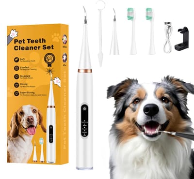 Tandenborstel hond-tandverzorging hond-Elektrische tandenborstel voor honden-Hondentandenborstelset met LED-lampje - 5 instelbare standen en 4 reinigingskoppen, tandplakverwijderaar voor honden en katten-wit
