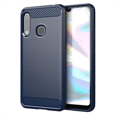 Cadorabo Hoesje geschikt voor Samsung Galaxy A70e in BRUSHED BLAUW - Beschermhoes van flexibel TPU siliconen in roestvrij staal-carbonvezel look Case Cover