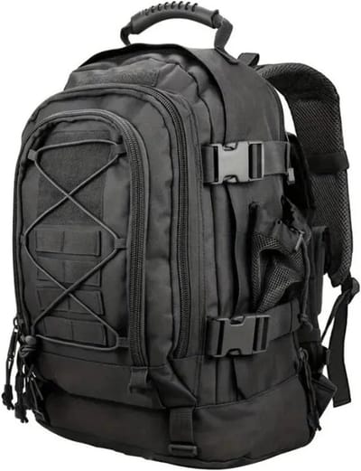 CarryQuest® - 65L Tactical Backpack - Grote Hiking Rugzak van Nylon met Polyester Voering, Rugventilatie, Verstelbare Borstgordel & Front-/Toploader - Outdoor, Camping & Survival - 38x33x53 cm - Zwart